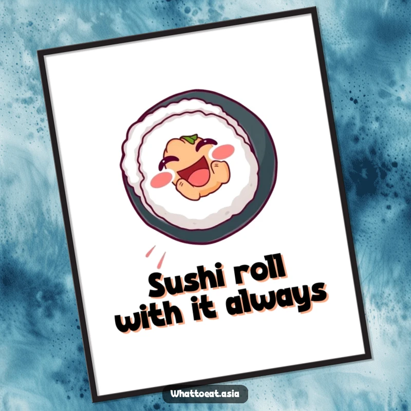 Funny free printable wall art: a smiling sushi roll doing a joyful somersault, adding a playful and energetic touch to any room.