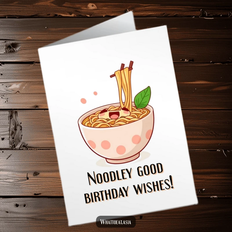 Funny free printable birthday card: a jubilant ramen bowl with chopsticks excitedly stirring, ready to add cheer to any celebration.