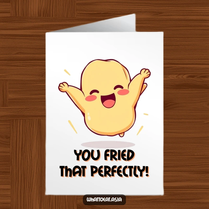 Free printable congratulations card showing a cheerful piece of tempura comically flipping itself mid-air.