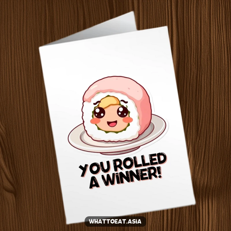 Free printable congratulations card depicting a smiling sushi roll with googly eyes, cheerfully spinning on a plate.