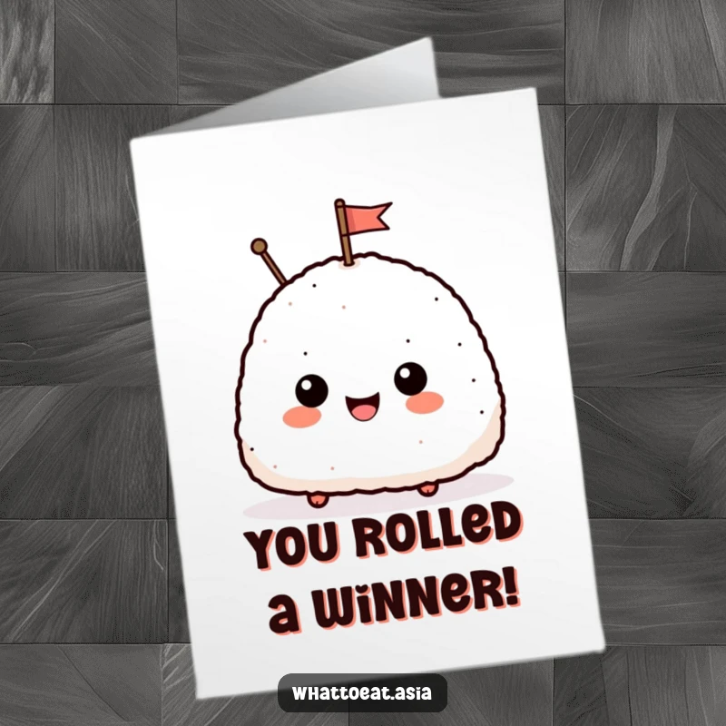 Funny Free Printable Congratulations Card: A smiling onigiri mascot waving a tiny flag in celebration of an achievement.