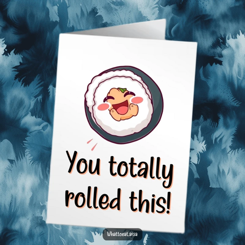 Funny free printable congratulations card: a smiling sushi roll executing a joyful somersault, celebrating a spectacular win.