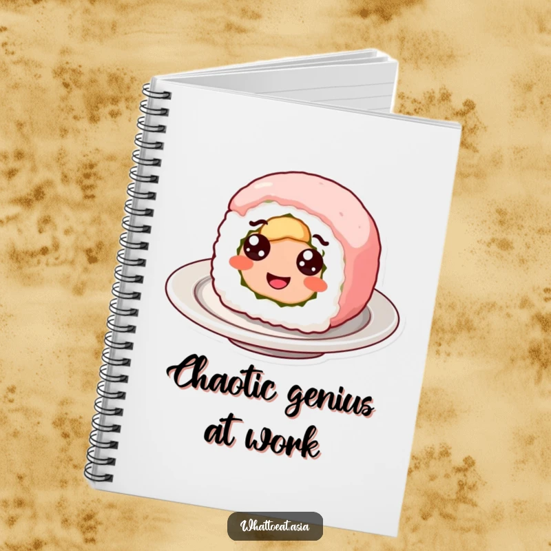 Funny notebook featuring a smiling sushi roll with googly eyes, happily spinning, ideal for jotting down creative ideas and foodie notes.