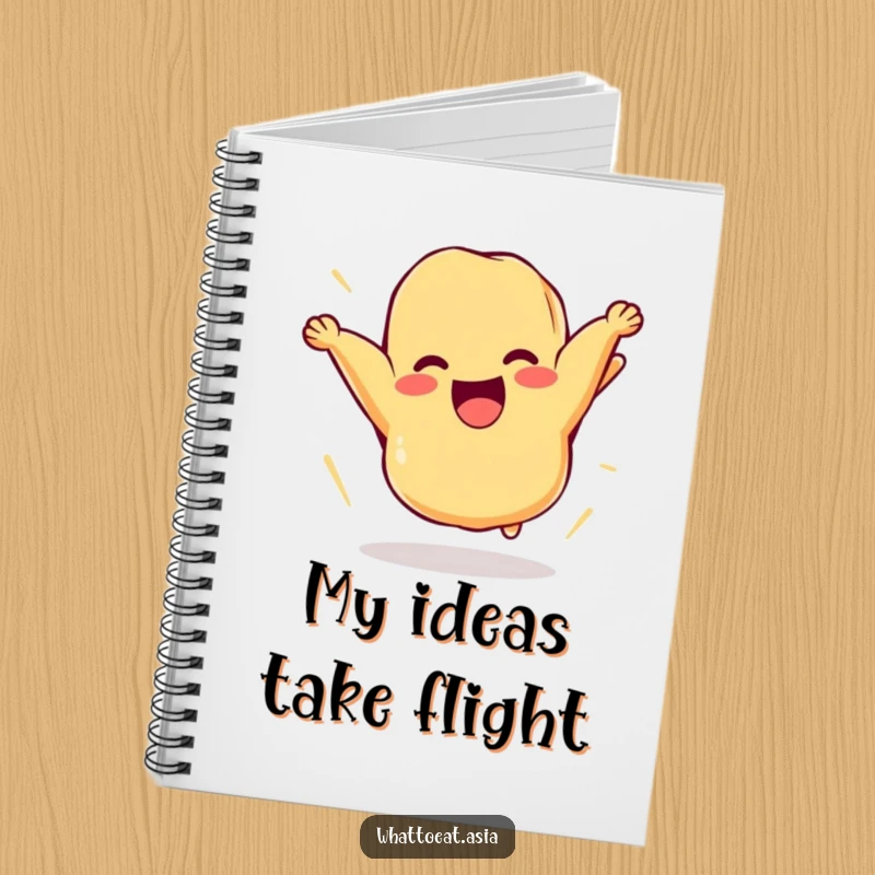 Funny notebook featuring a cheerful piece of tempura comically flipping itself in the air, ideal for jotting down creative ideas and foodie notes.