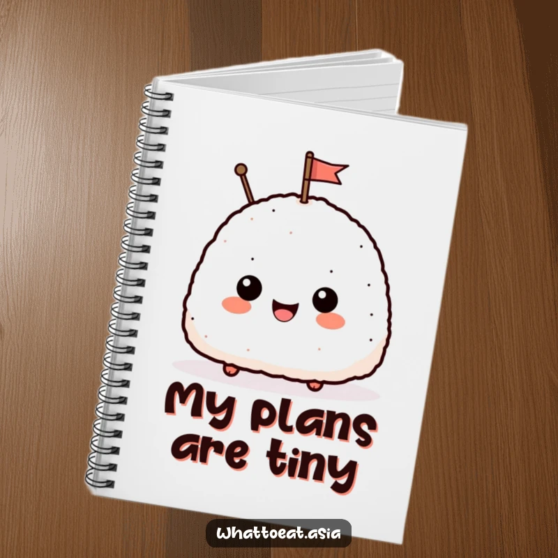 Funny notebook with a delighted onigiri cover, smiling and waving a small flag, perfect for notes, journaling, and creative writing.