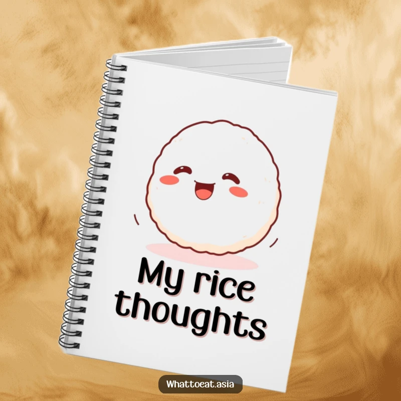 Funny Onigiri Notebook with a wiggling onigiri ball rolling with glee, ideal for note-taking, journaling, and creative ideas.