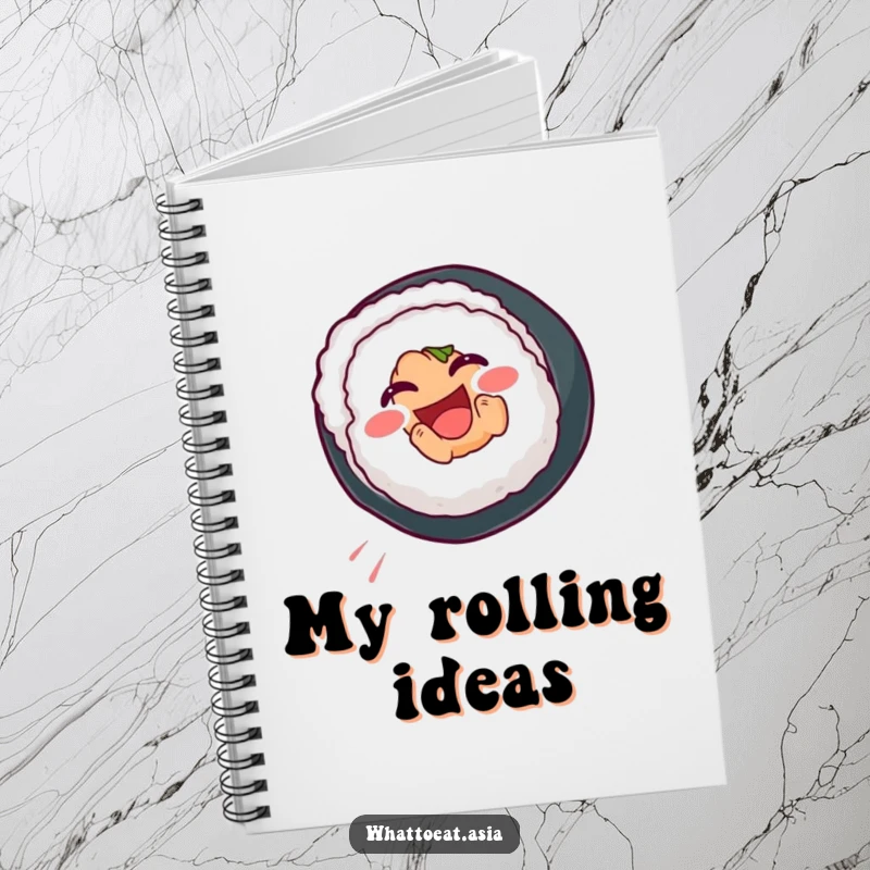 Funny Sushi Notebook with a smiling sushi roll performing a joyful somersault, ideal for note-taking, journaling, and creative ideas.