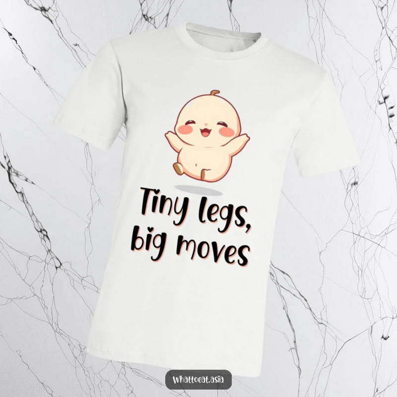 Funny Dumpling T-Shirt featuring a giggling dumpling with tiny legs kicking happily, symbolizing fun and a passion for food.