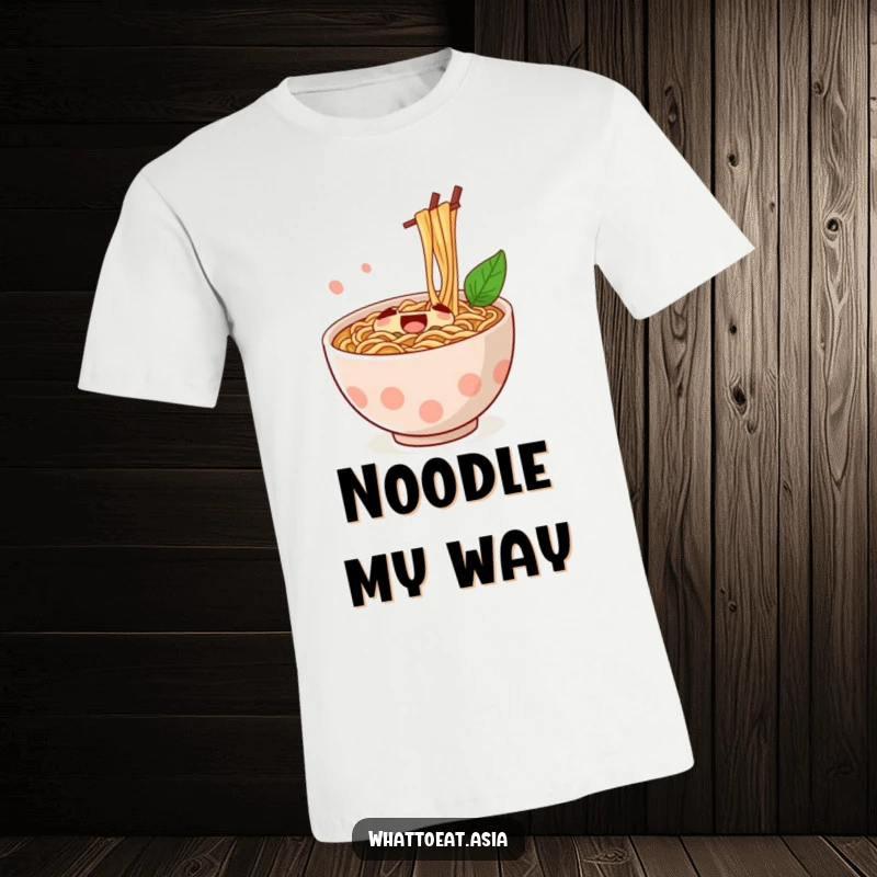Funny Ramen T-Shirt featuring a jubilant bowl of ramen with chopsticks excitedly stirring, celebrating the joy of a delicious meal.