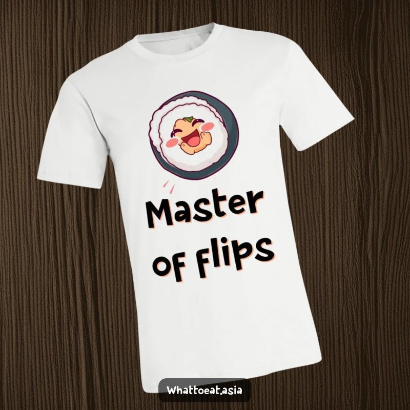 Funny Sushi T-Shirt with a smiling sushi roll mid-somersault, embodying playful movement and adoration for Japanese food.