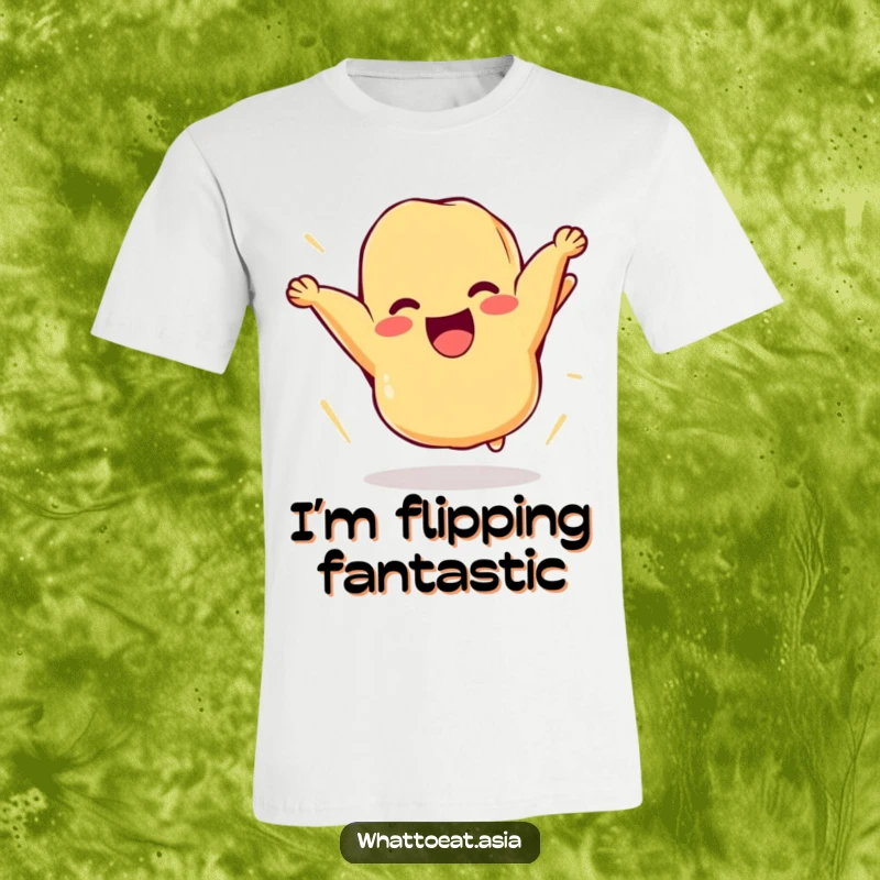 Funny t-shirt depicting a cheerful piece of tempura comically flipping itself in the air, showcasing energetic and delicious food-themed fun.