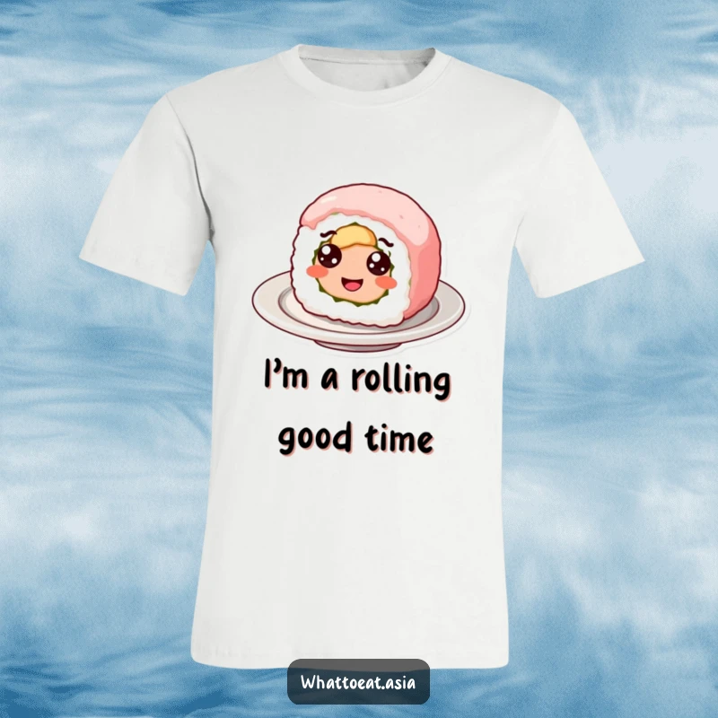 Funny t-shirt showcasing a smiling sushi roll with googly eyes, happily spinning on a plate, embodying playful food humor and quirky charm.