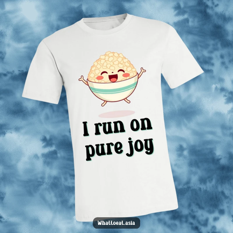 Funny t-shirt depicting a happy bowl of rice character joyfully jumping with tiny legs, showcasing energetic and cute food-themed humor.