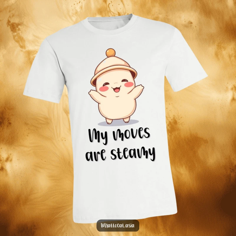 Funny t-shirt depicting a giggling dumpling wearing a tiny hat, joyfully doing a little dance, embodying cute and playful food-themed humor.