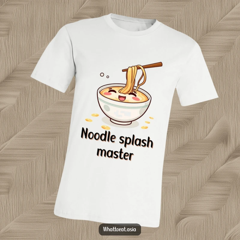 Funny Ramen T-Shirt: A mischievous ramen bowl giggling and splashing tiny broth droplets with playful energy.