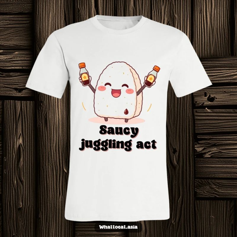 Funny Onigiri T-Shirt: A cheerful onigiri expertly juggling three small soy sauce bottles, showcasing culinary fun.