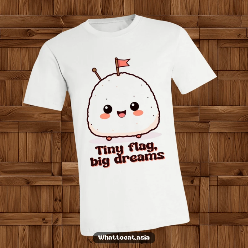 Funny t-shirt showcasing a delighted onigiri with a happy smile, proudly waving a small flag, perfect for foodies and humor lovers.