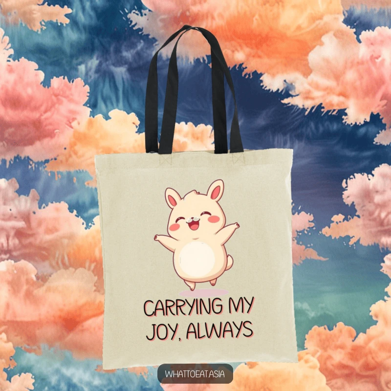 Funny Bao Bun Tote Bag: A smiling bao bun doing a cartwheel with tiny legs, symbolizing happiness and energetic movement.