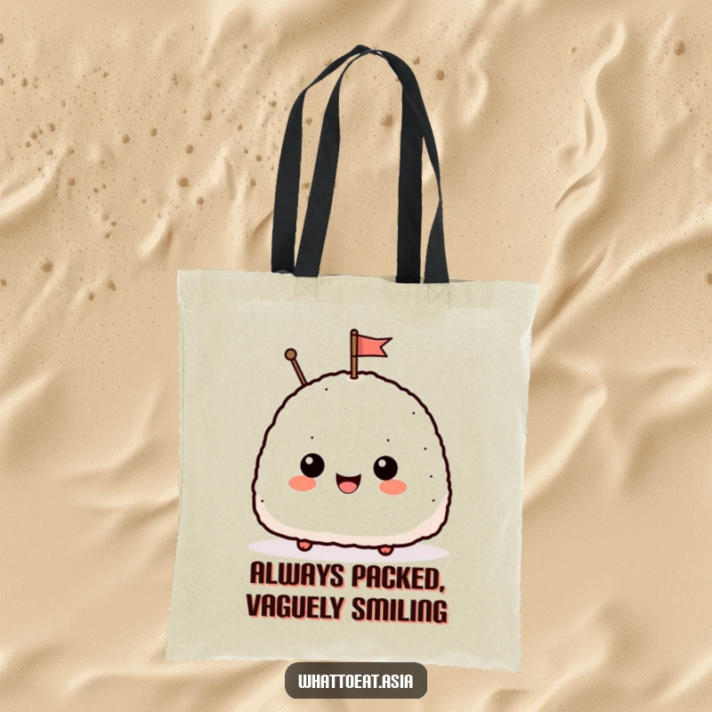 Funny tote bag with a delighted onigiri illustration, smiling and waving a small flag, great for shopping and everyday use.