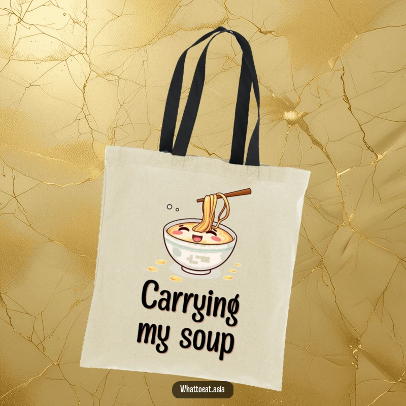 Funny Ramen Tote Bag: A mischievous ramen bowl giggling and splashing tiny broth droplets, perfect for carrying essentials.