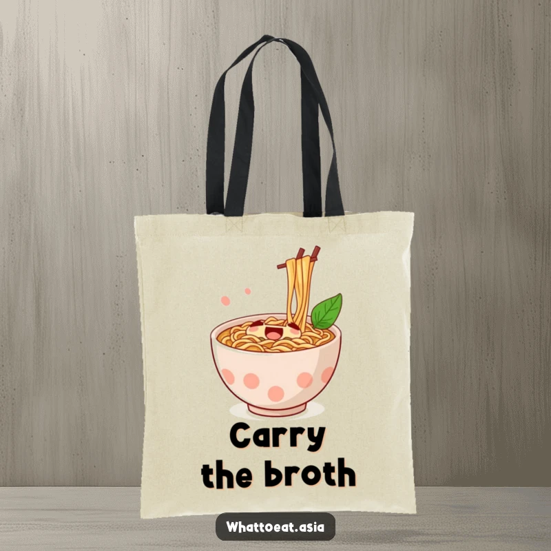 Funny Ramen Tote Bag showcasing a jubilant bowl of ramen with chopsticks mid-stir, perfect for carrying groceries or daily essentials.