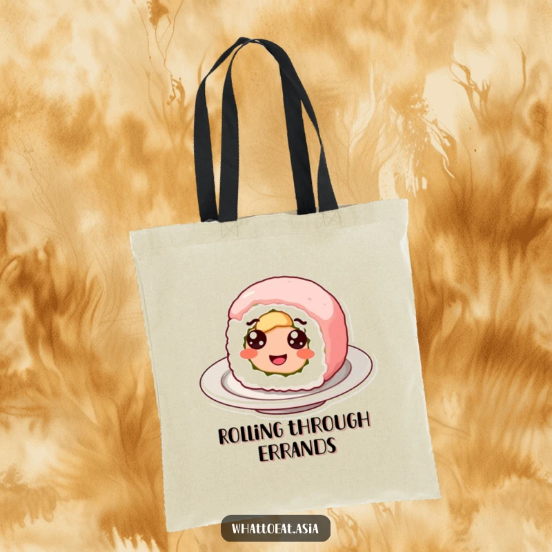 Funny tote bag depicting a smiling sushi roll with googly eyes, happily spinning, perfect for carrying essentials with a fun food theme.